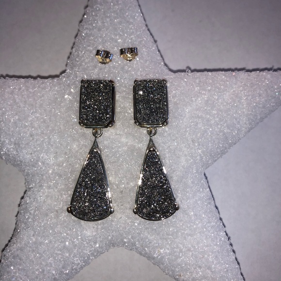 Silver Druzy Quartz Earrings DC White Bronze 1.75” - Picture 1 of 8
